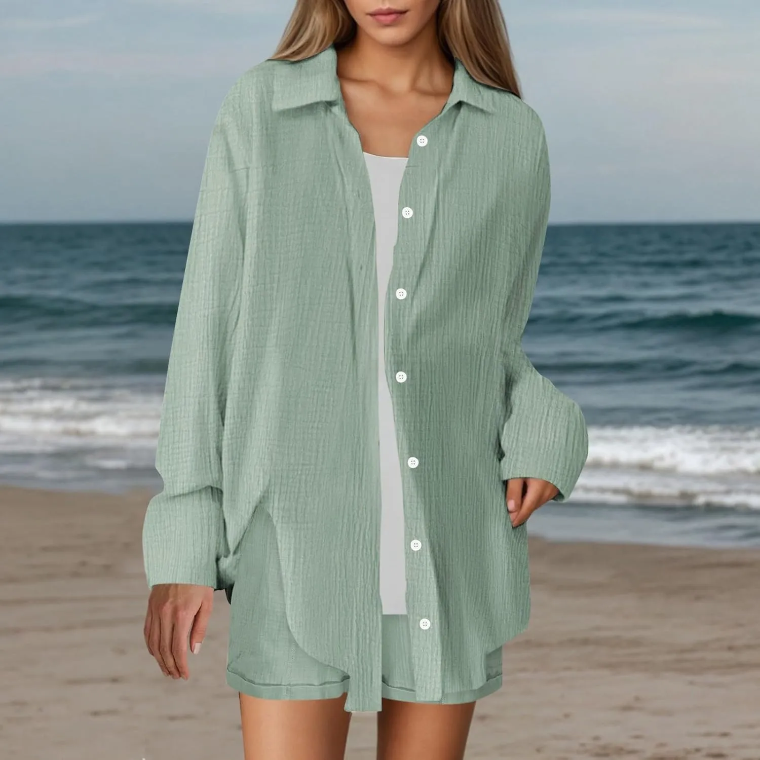 Linen Set for Women Long Sleeve Button down Shirt and Shorts Tracksuit Lounge Set Beach Vacation Cruise Outfits 2025