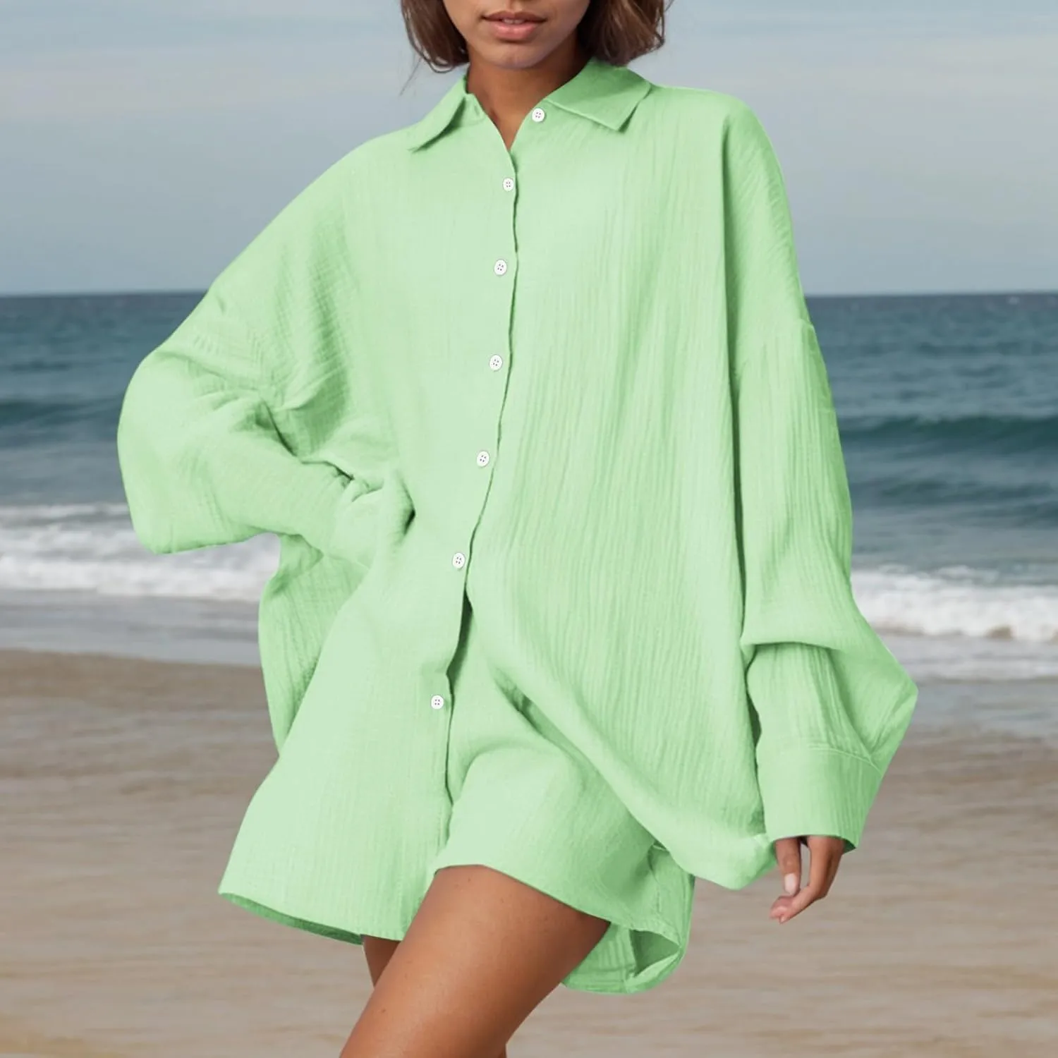Linen Set for Women Long Sleeve Button down Shirt and Shorts Tracksuit Lounge Set Beach Vacation Cruise Outfits 2025