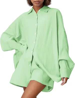 Linen Set for Women Long Sleeve Button down Shirt and Shorts Tracksuit Lounge Set Beach Vacation Cruise Outfits 2025