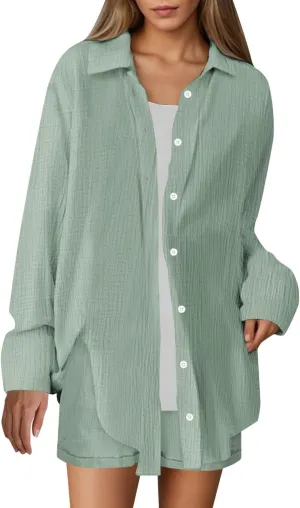 Linen Set for Women Long Sleeve Button down Shirt and Shorts Tracksuit Lounge Set Beach Vacation Cruise Outfits 2025