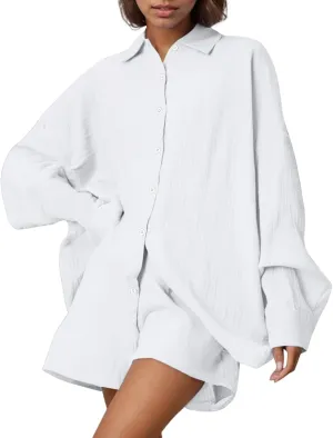 Linen Set for Women Long Sleeve Button down Shirts Matching Boxer Shorts Sets Loungewear Fashion Trendy Clothes