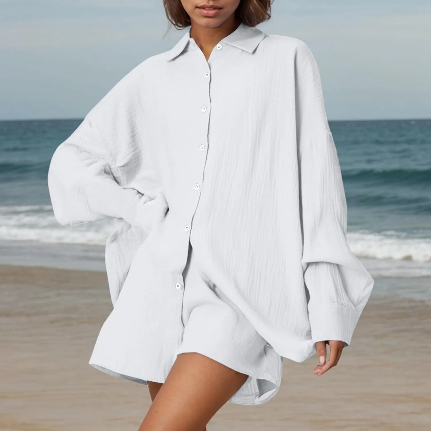 Linen Set for Women Long Sleeve Button down Shirts Matching Boxer Shorts Sets Loungewear Fashion Trendy Clothes