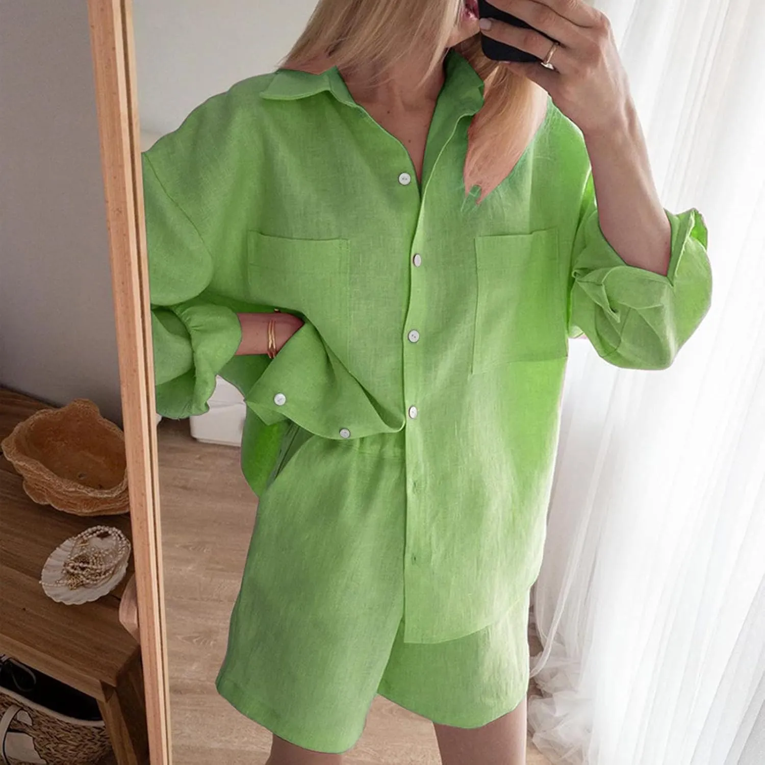 Linen Set for Women Long Sleeve Button down Shirts Matching Boxer Shorts Sets Loungewear Going out Outfits Y2k Clothes