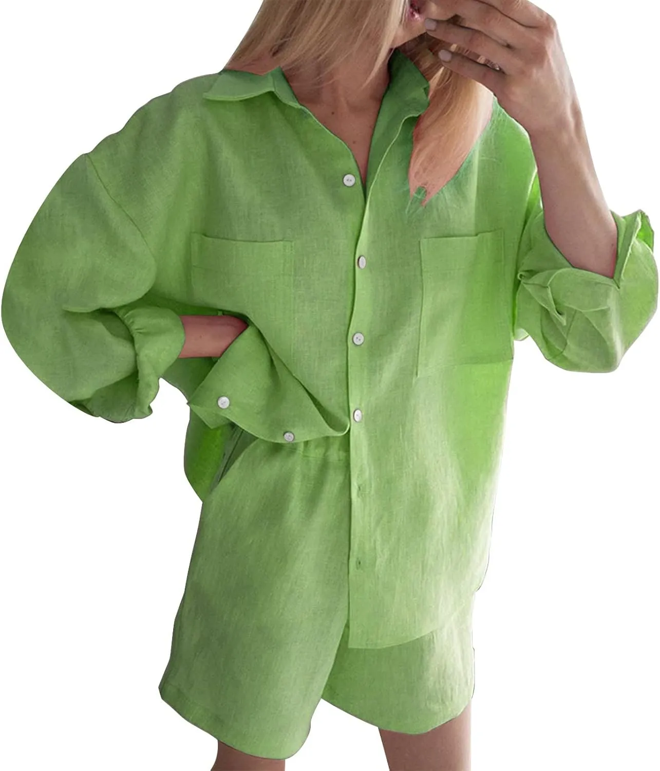 Linen Set for Women Long Sleeve Button down Shirts Matching Boxer Shorts Sets Loungewear Going out Outfits Y2k Clothes