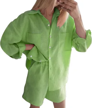 Linen Set for Women Long Sleeve Button down Shirts Matching Boxer Shorts Sets Loungewear Going out Outfits Y2k Clothes