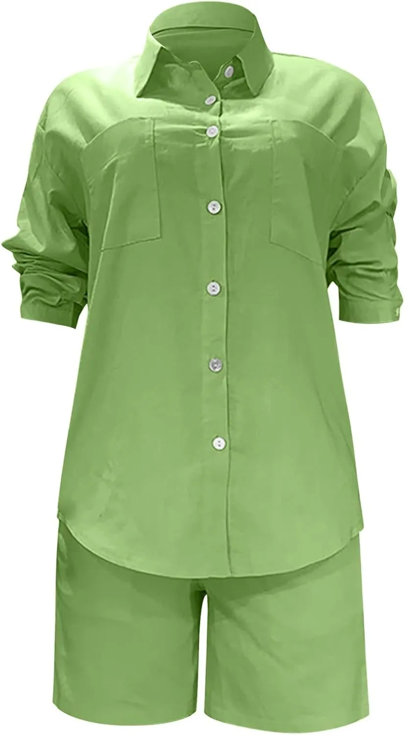 Linen Set for Women Long Sleeve Button down Shirts Matching Boxer Shorts Sets Loungewear Going out Outfits Y2k Clothes