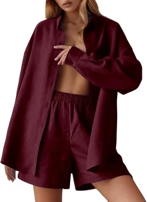 Linen Set for Women Long Sleeve Button down Shirts Matching Boxer Shorts Sets Loungewear Matching Sets Women Clothing