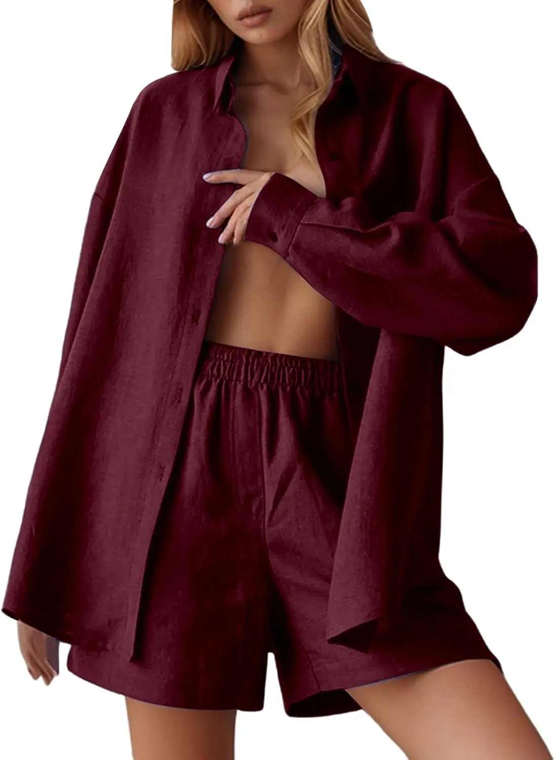 Linen Set for Women Long Sleeve Button down Shirts Matching Boxer Shorts Sets Loungewear Matching Sets Women Clothing