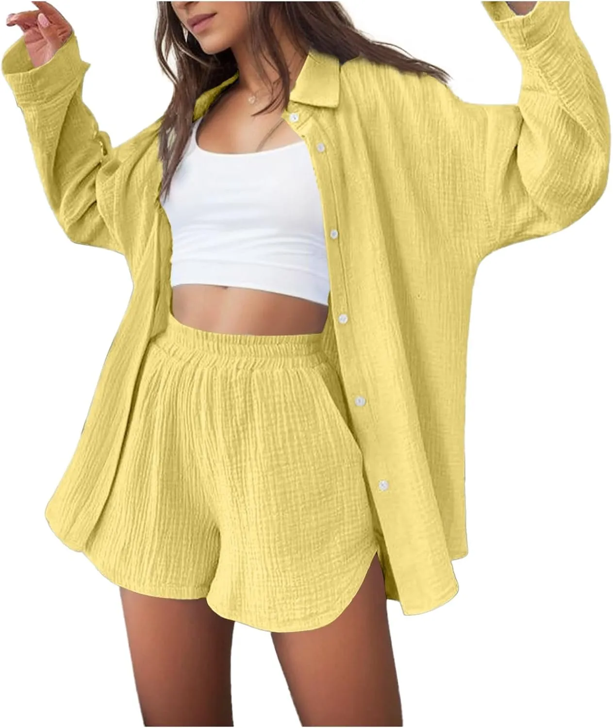 Linen Set for Women Summer Casual Linen Button Shirts Elastic Waist Comfy Bermuda Shorts Set Track Suits Sweat Suit