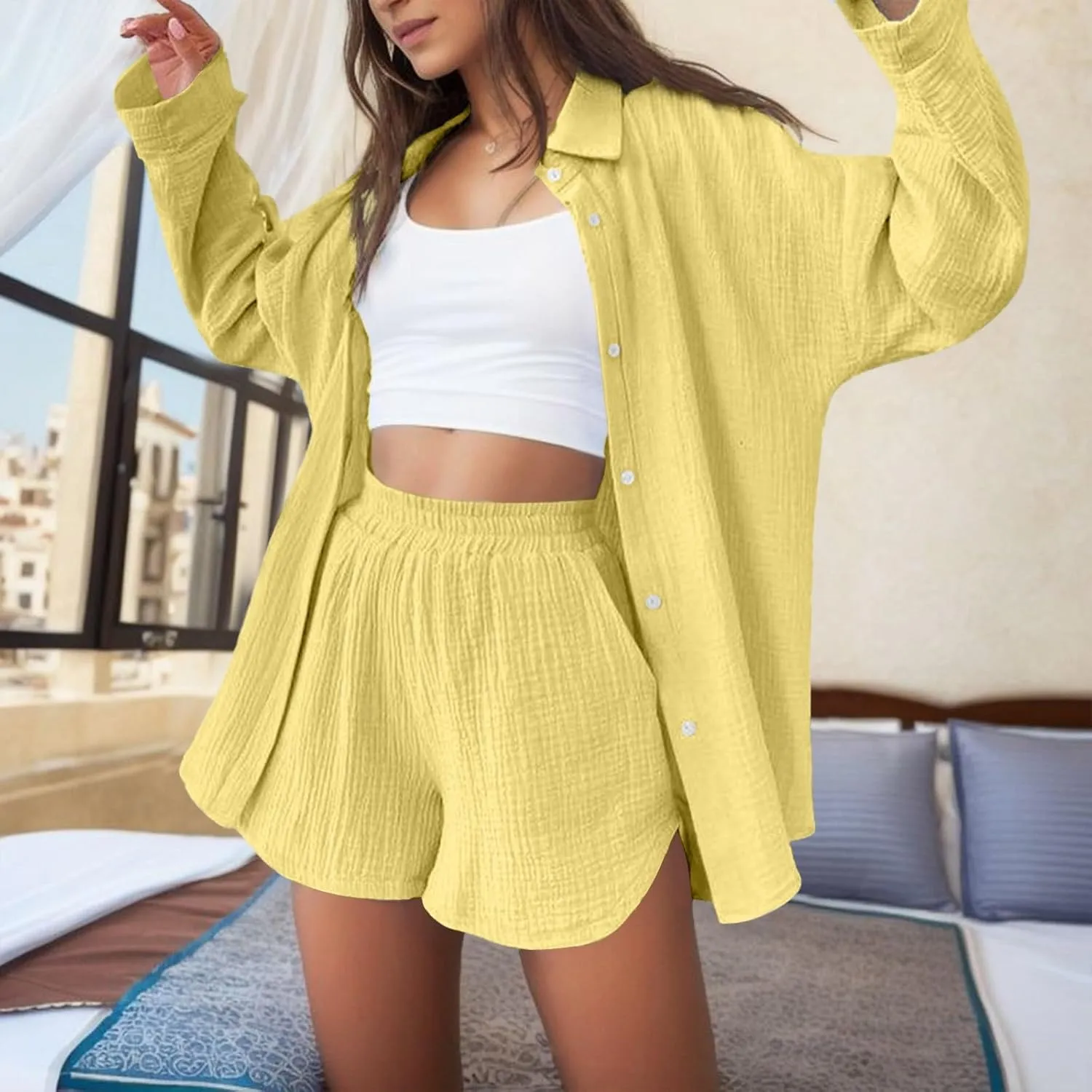 Linen Set for Women Summer Casual Linen Button Shirts Elastic Waist Comfy Bermuda Shorts Set Track Suits Sweat Suit