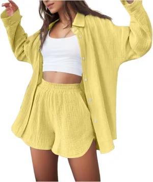 Linen Set for Women Summer Casual Linen Button Shirts Elastic Waist Comfy Bermuda Shorts Set Track Suits Sweat Suit