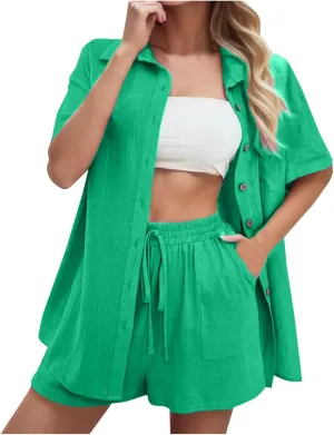 Linen Set for Women Two Piece Summer Shorts Button Down Shirt Dressy Causal Comfy Matching Set Track Suits Sweat Suit