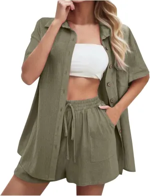 Linen Set for Women Two Piece Summer Shorts Button down Shirt Dressy Causal Comfy Matching Set Track Suits Sweat Suit