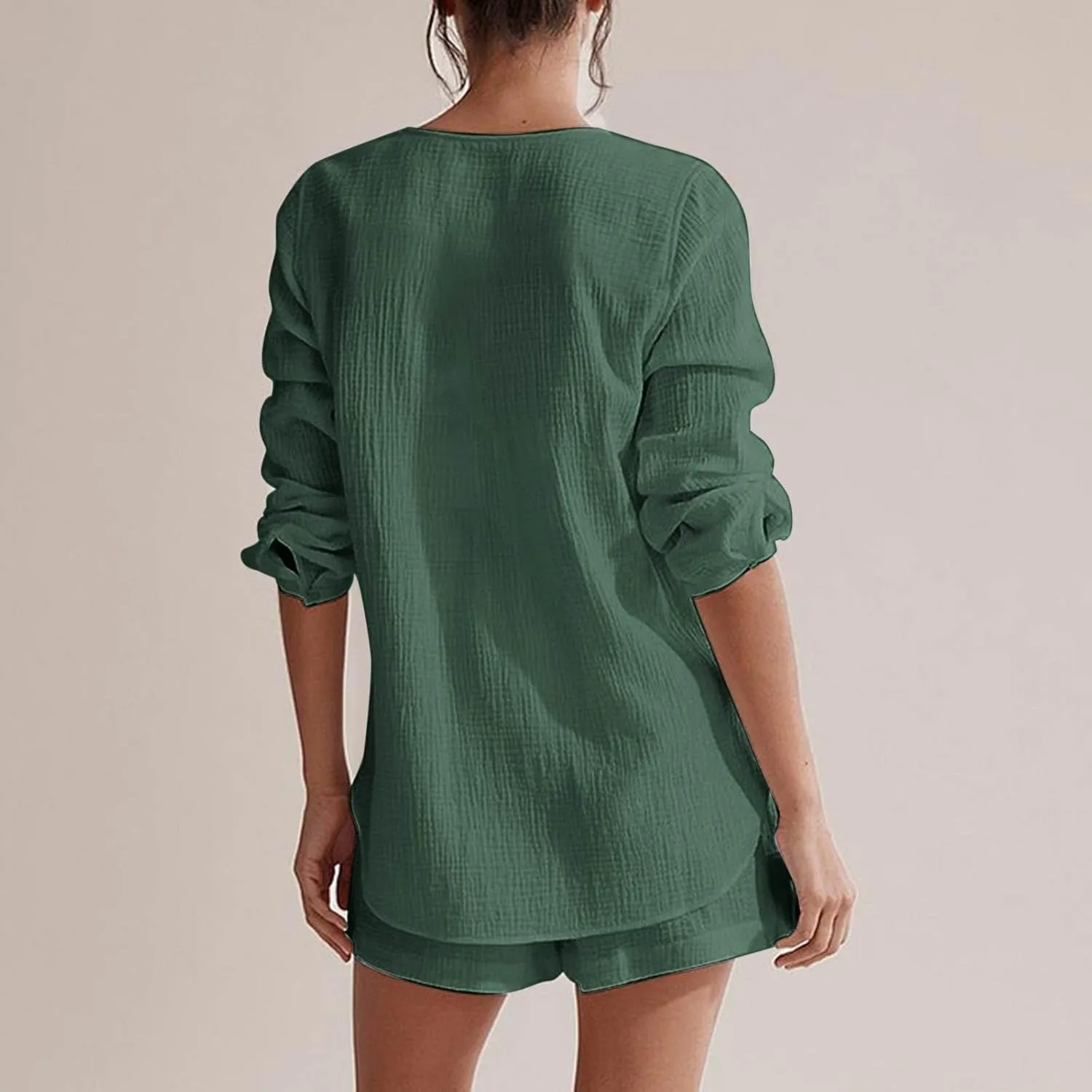 Linen Set for Women Two Piece Tracksuit Button down 3/4 Sleeve Shirt and Shorts Set Plus Size Maternity Clothes