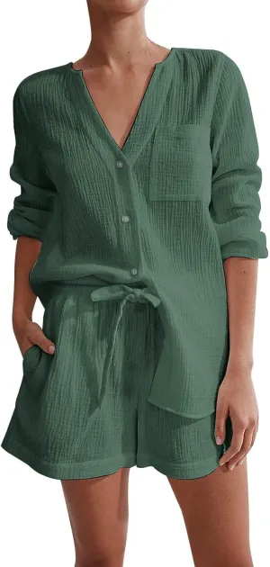 Linen Set for Women Two Piece Tracksuit Button down 3/4 Sleeve Shirt and Shorts Set Plus Size Maternity Clothes