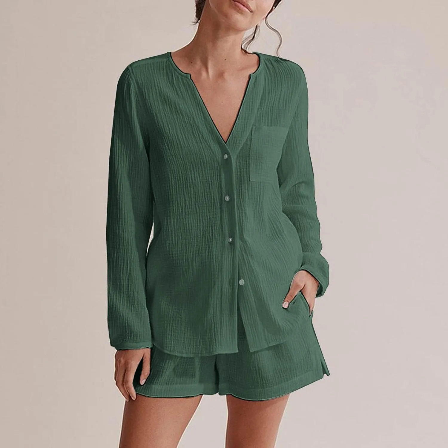 Linen Set for Women Two Piece Tracksuit Button down 3/4 Sleeve Shirt and Shorts Set Plus Size Maternity Clothes