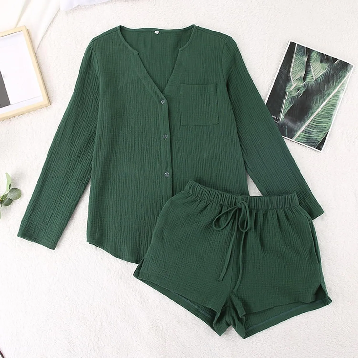 Linen Set for Women Two Piece Tracksuit Button down 3/4 Sleeve Shirt and Shorts Set Plus Size Maternity Clothes