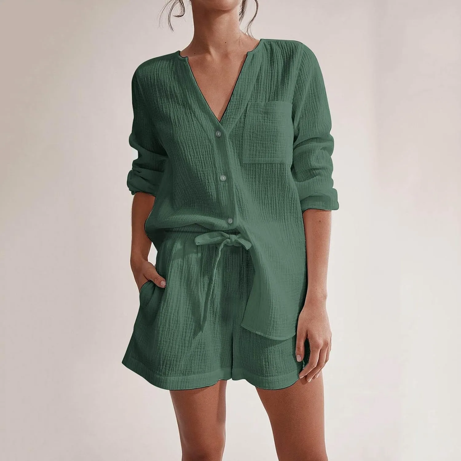 Linen Set for Women Two Piece Tracksuit Button down 3/4 Sleeve Shirt and Shorts Set Plus Size Maternity Clothes