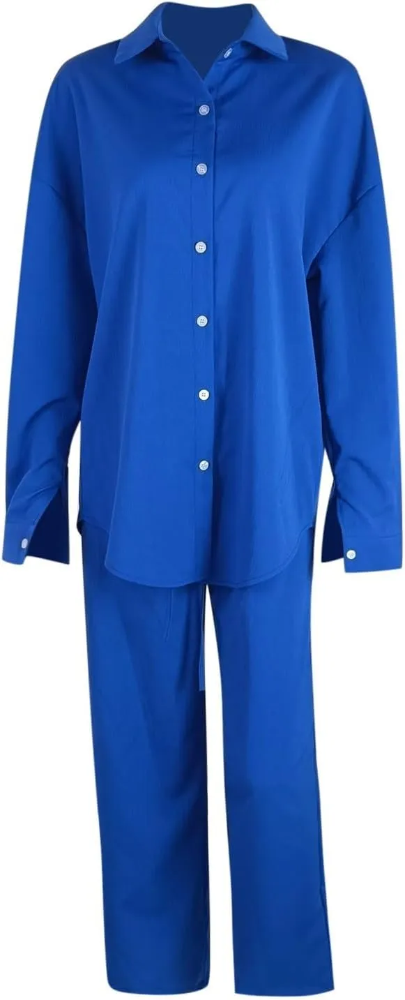 Linen Sets for Women 2 Piece Casual Tracksuit Short Sleeve Tops and Wide Leg Long Pants Matching Lounge Wear