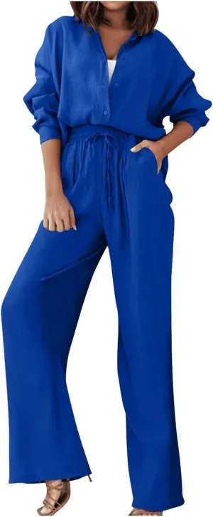 Linen Sets for Women 2 Piece Casual Tracksuit Short Sleeve Tops and Wide Leg Long Pants Matching Lounge Wear