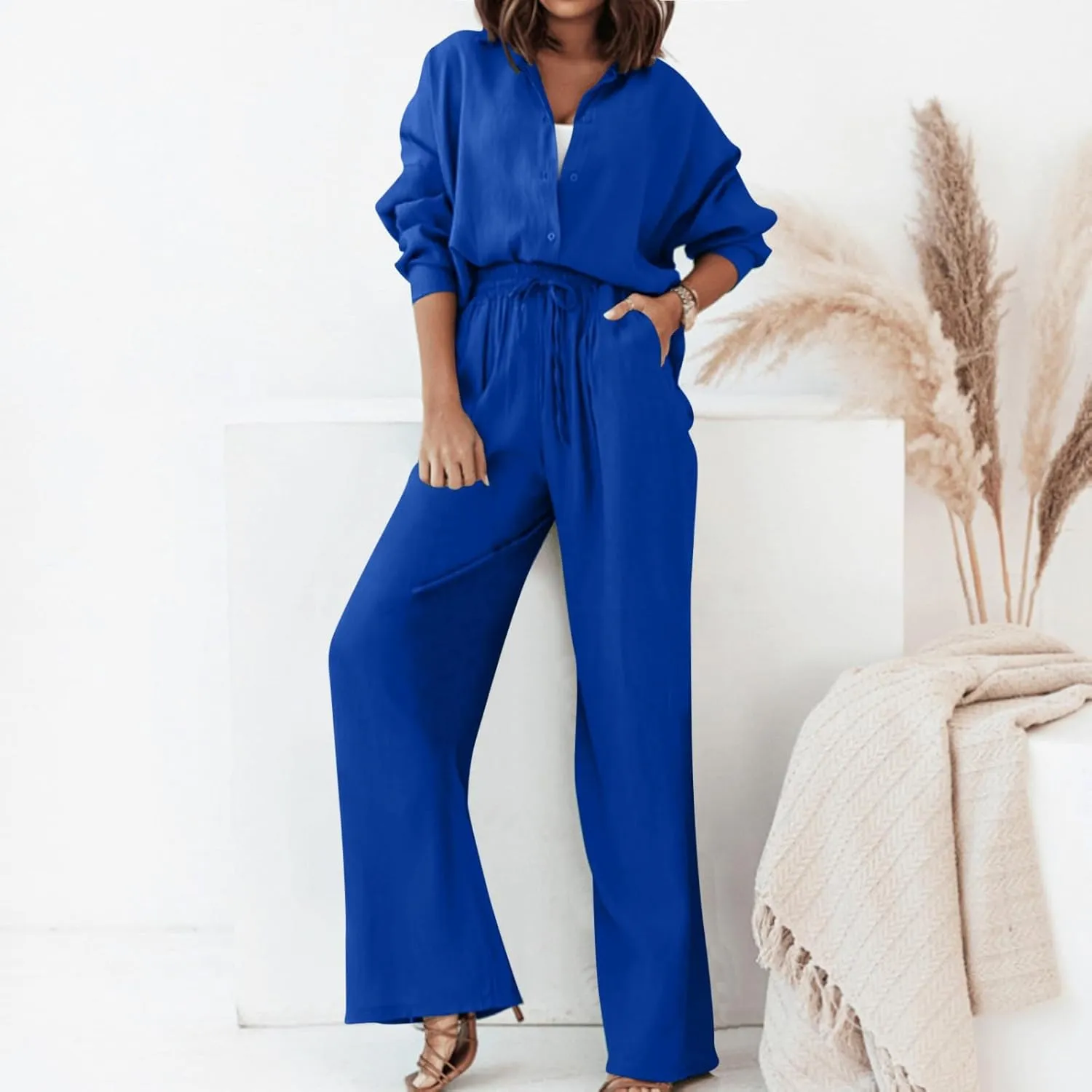 Linen Sets for Women 2 Piece Casual Tracksuit Short Sleeve Tops and Wide Leg Long Pants Matching Lounge Wear