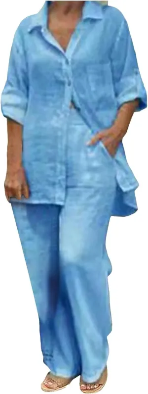 Linen Sets for Women 2 Piece Linen Short Sleeve Top and Wide Leg Pants Lounge Matching Tracksuits Trendy Clothes