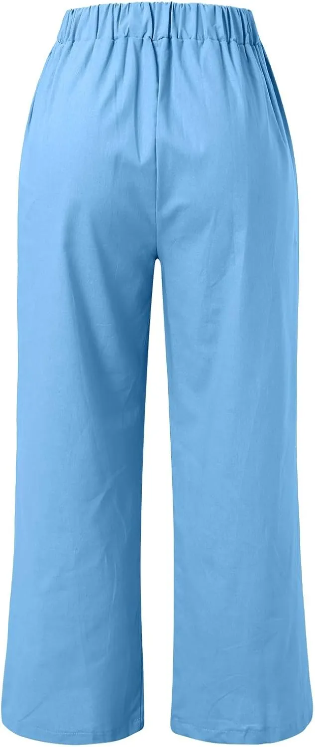 Linen Sets for Women 2 Piece Linen Short Sleeve Top and Wide Leg Pants Lounge Matching Tracksuits Trendy Clothes