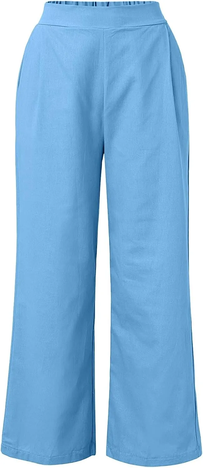 Linen Sets for Women 2 Piece Linen Short Sleeve Top and Wide Leg Pants Lounge Matching Tracksuits Trendy Clothes
