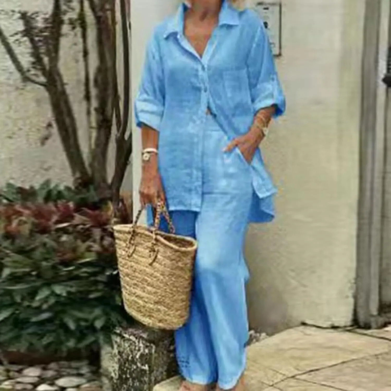 Linen Sets for Women 2 Piece Linen Short Sleeve Top and Wide Leg Pants Lounge Matching Tracksuits Trendy Clothes