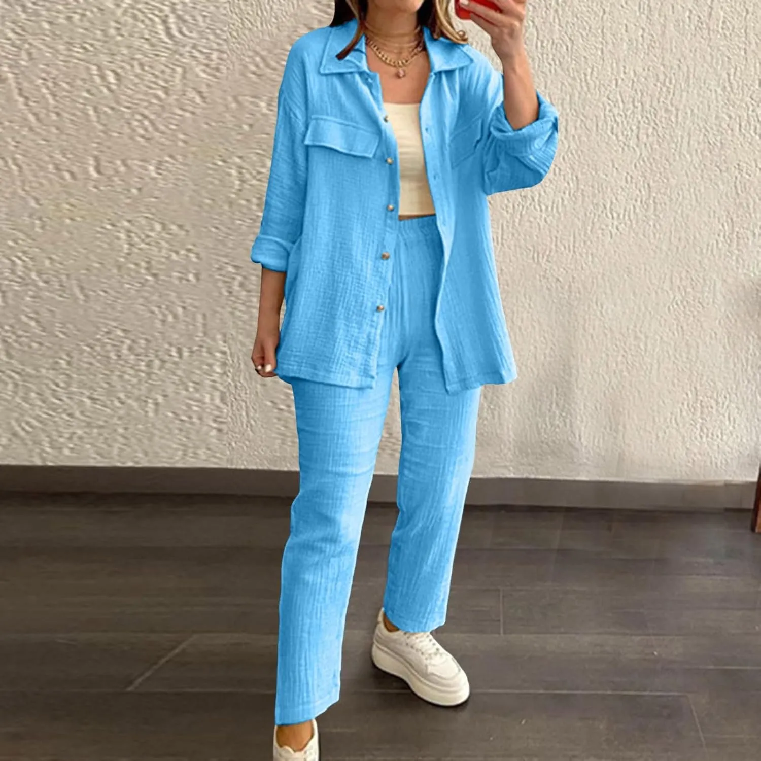 Linen Sets for Women 2 Piece Straight Wide Leg Pants Set Short Sleeve T-Shirt Casual Outfits Comfy Loungewear