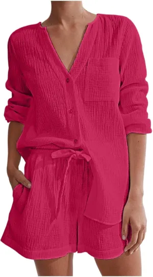 Linen Two Piece Set for Women Long Sleeve Button down Shirt and Shorts Tracksuit Lounge Set Fashion Trendy Clothes