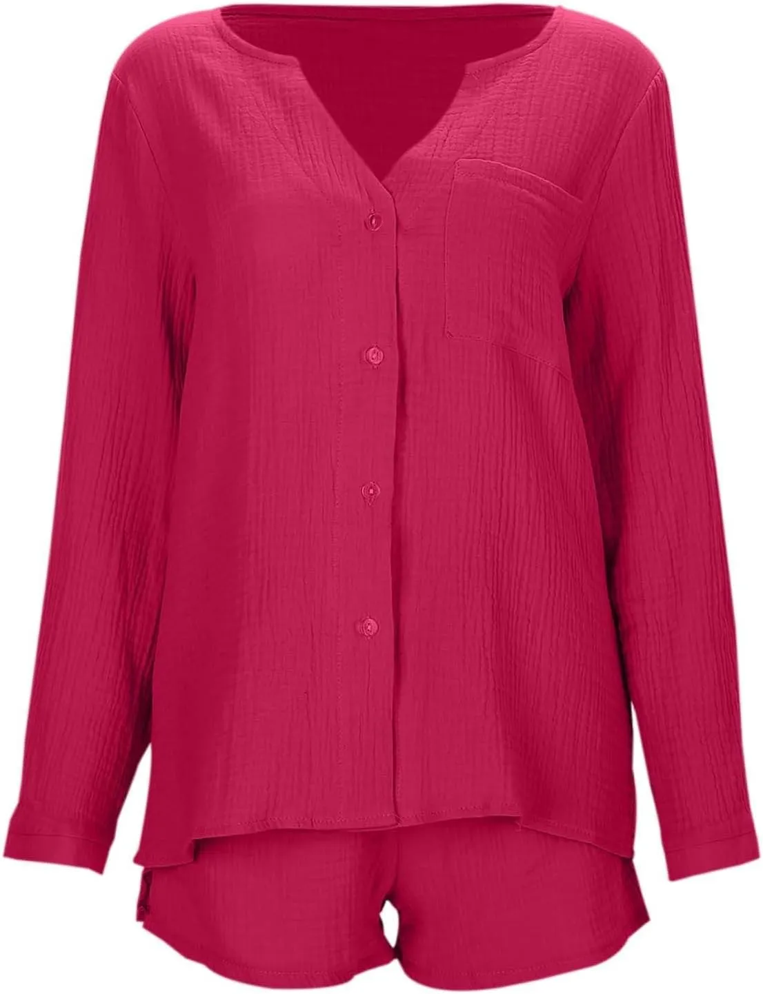 Linen Two Piece Set for Women Long Sleeve Button down Shirt and Shorts Tracksuit Lounge Set Fashion Trendy Clothes