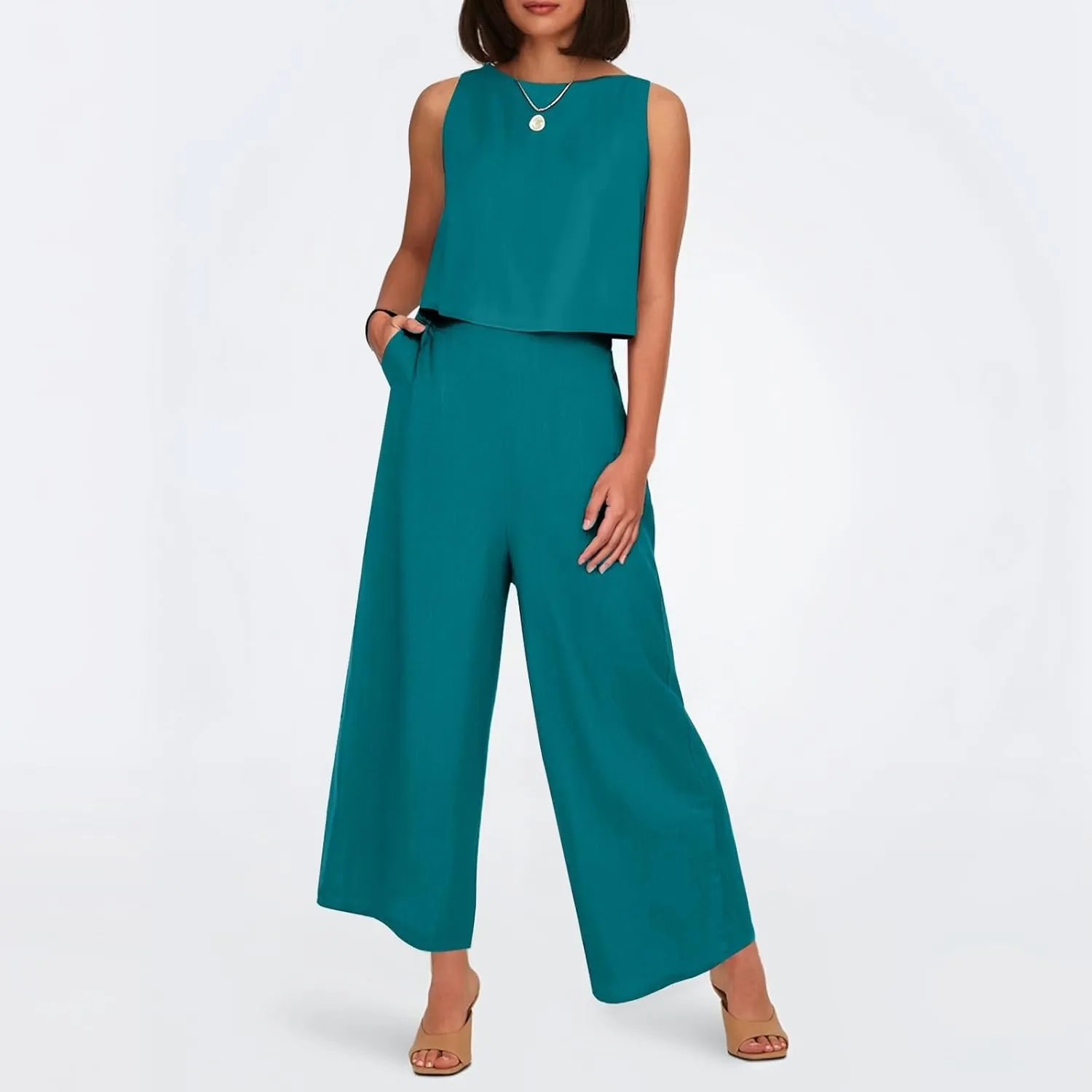 Linen Two Piece Sets for Women 2025 Summer Casual Loose Top Wide Leg Pants Matching Tracksuit Sweatsuit Sets