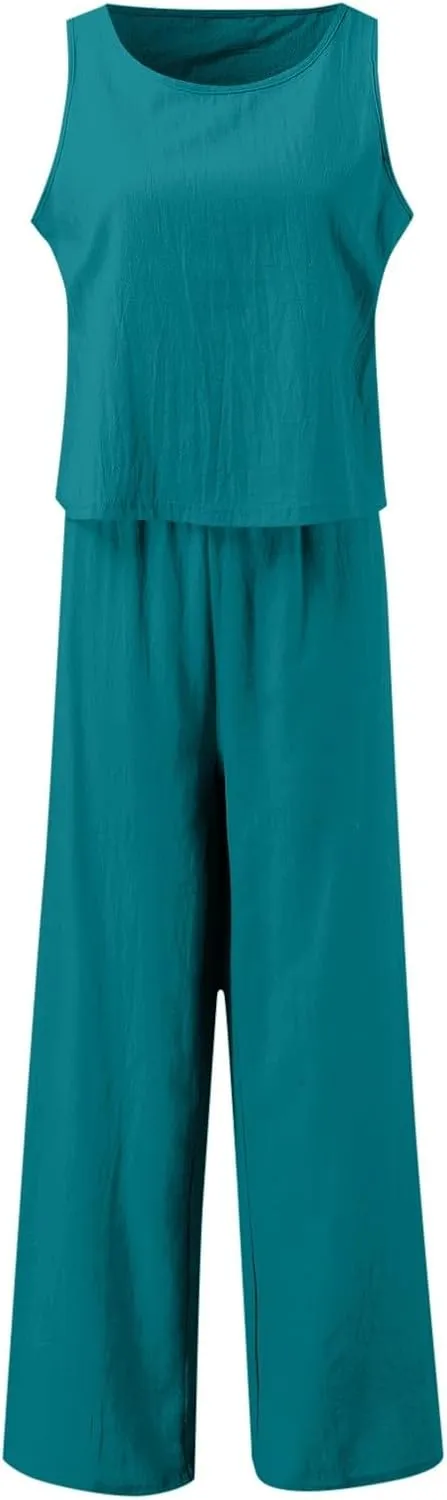 Linen Two Piece Sets for Women 2025 Summer Casual Loose Top Wide Leg Pants Matching Tracksuit Sweatsuit Sets