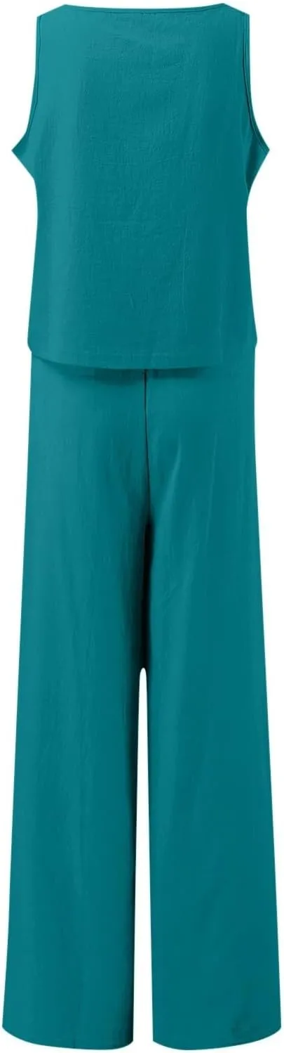 Linen Two Piece Sets for Women 2025 Summer Casual Loose Top Wide Leg Pants Matching Tracksuit Sweatsuit Sets