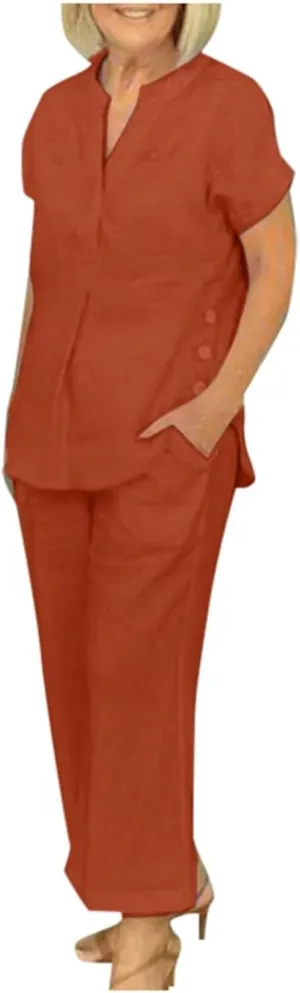 Linen Two Piece Sets for Women Casual 2 Piece Cotton Linen Sets Short Sleeve Top Wide Leg Pants Matching Set