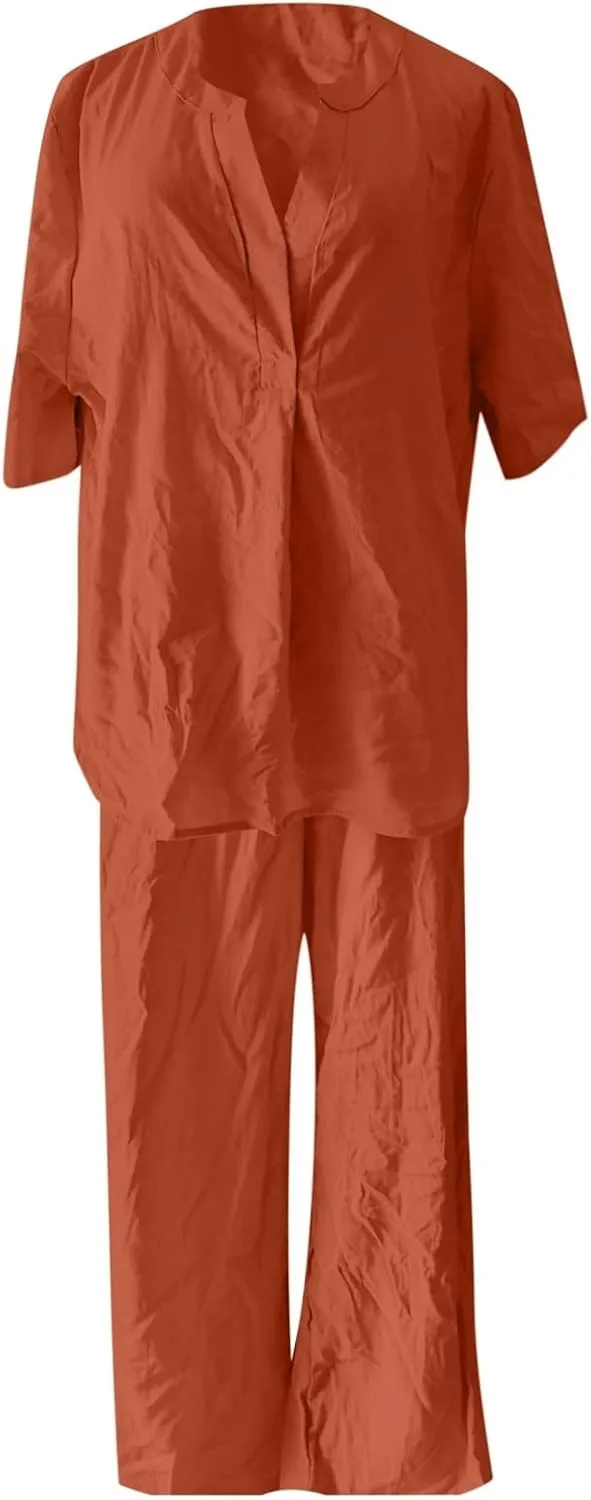 Linen Two Piece Sets for Women Casual 2 Piece Cotton Linen Sets Short Sleeve Top Wide Leg Pants Matching Set