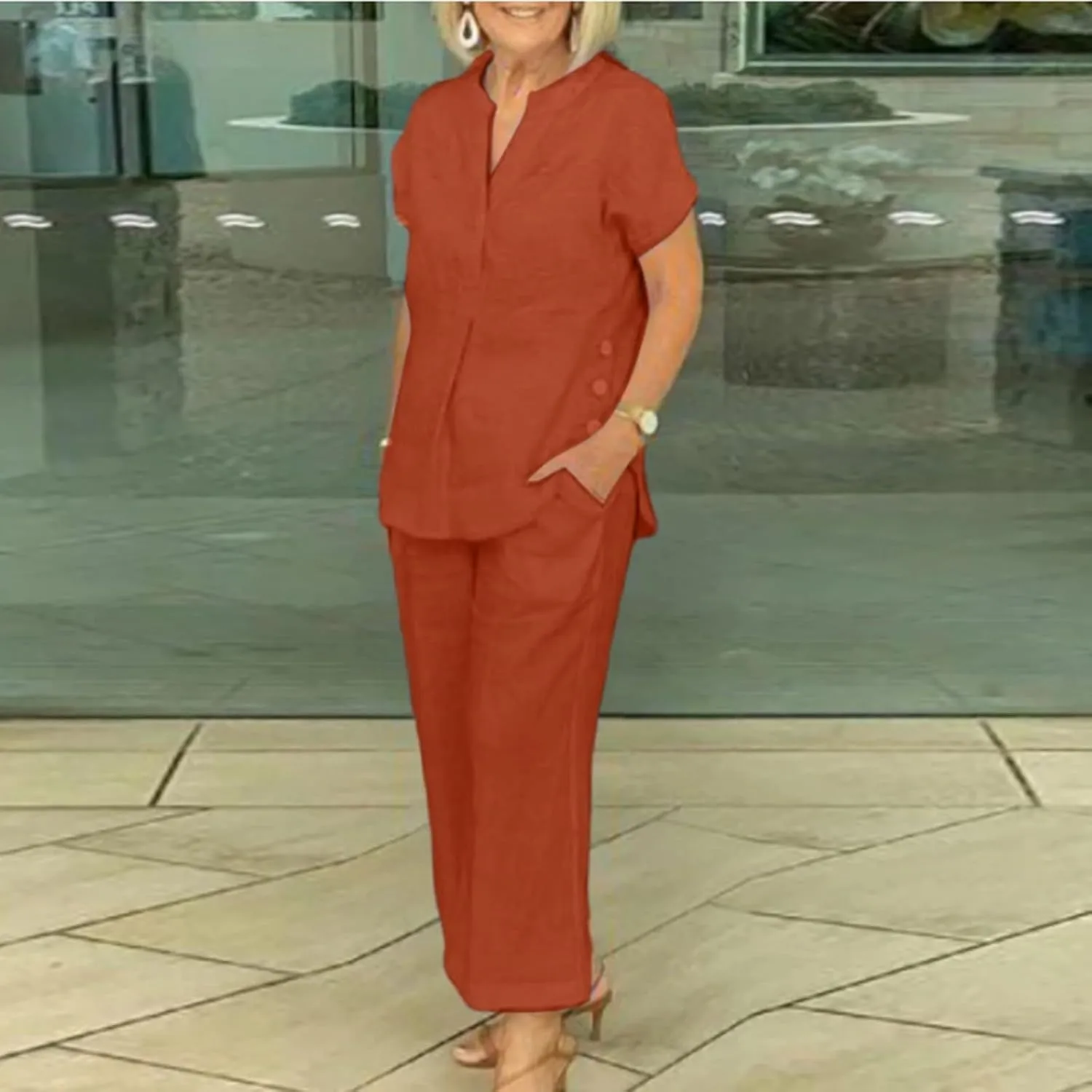 Linen Two Piece Sets for Women Casual 2 Piece Cotton Linen Sets Short Sleeve Top Wide Leg Pants Matching Set