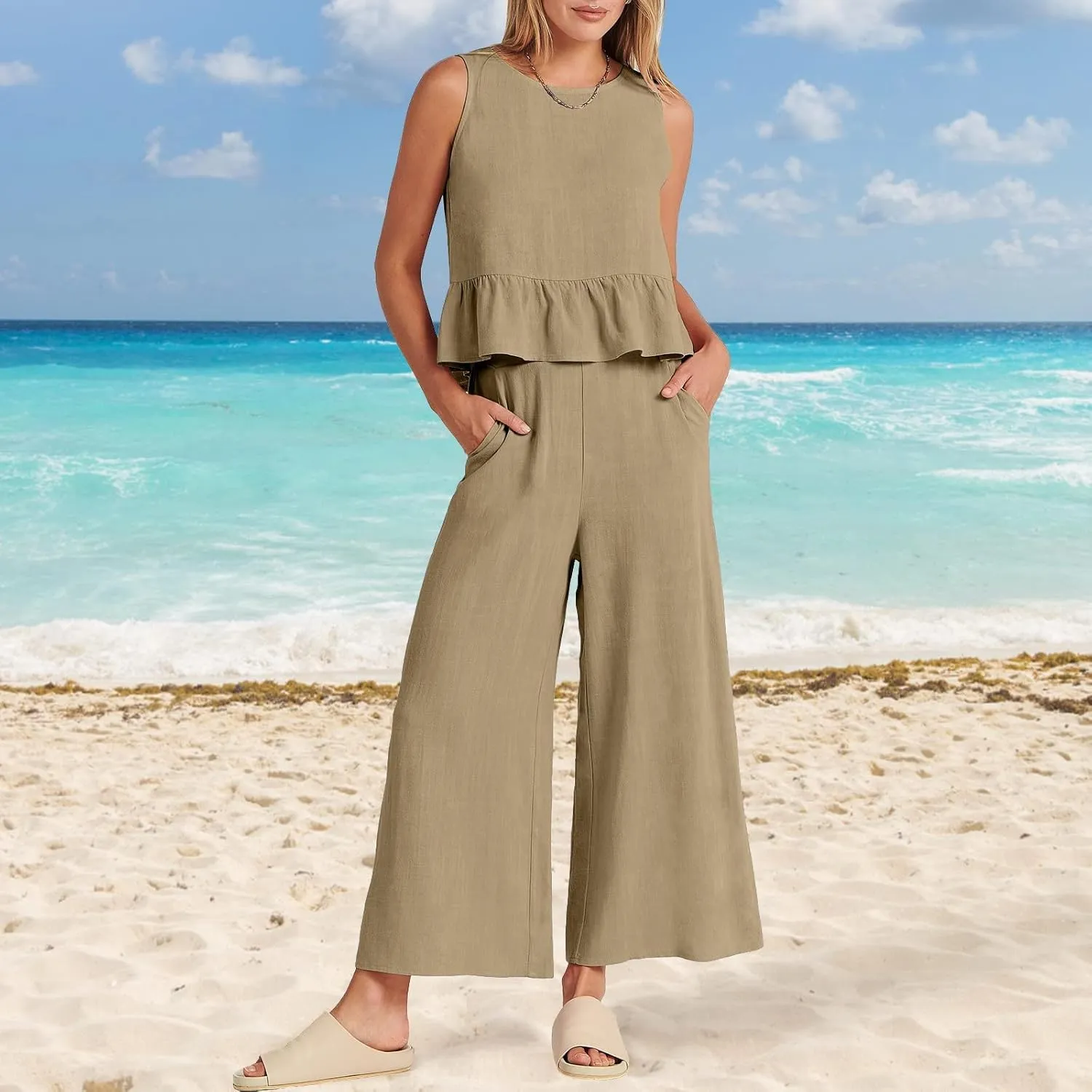 Linen Two Piece Sets for Women Straight Wide Leg Pants Set Short Sleeve T-Shirt Casual Outfits Comfy Loungewear