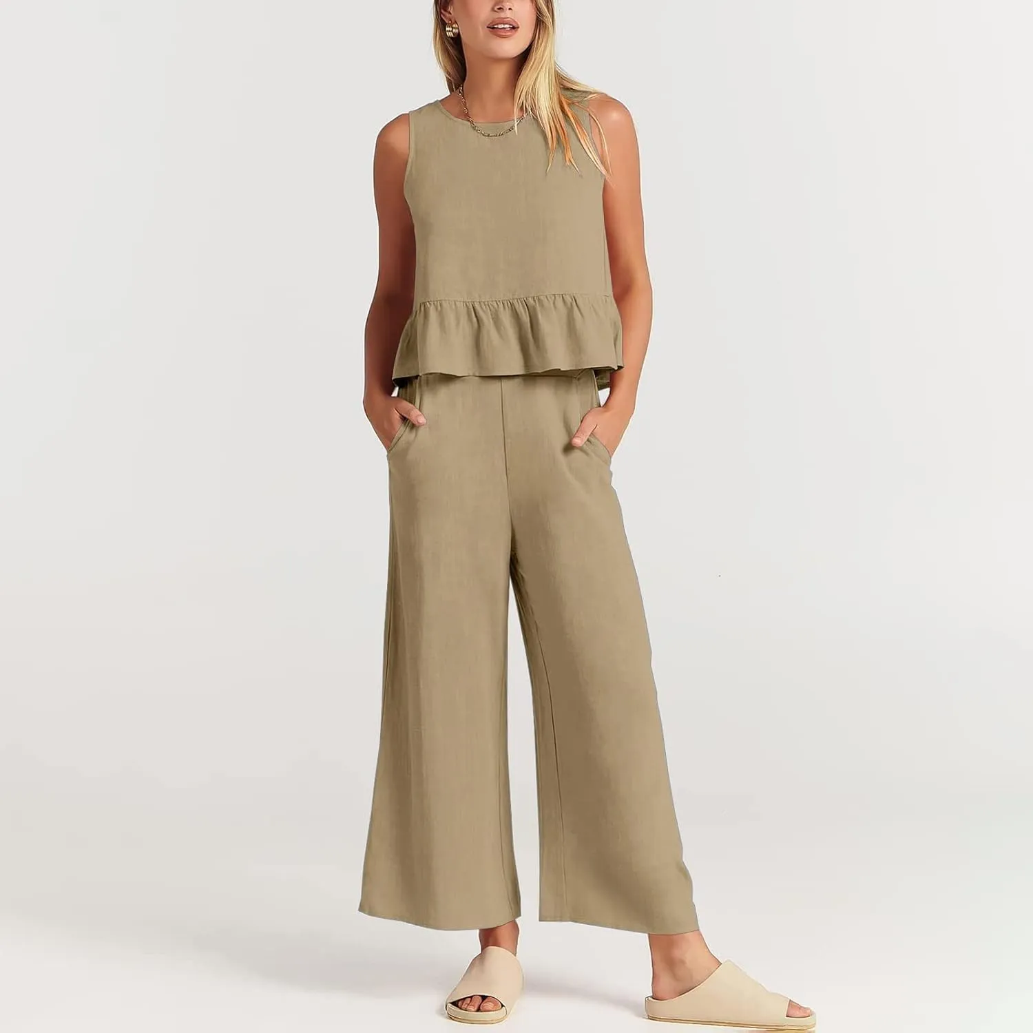 Linen Two Piece Sets for Women Straight Wide Leg Pants Set Short Sleeve T-Shirt Casual Outfits Comfy Loungewear