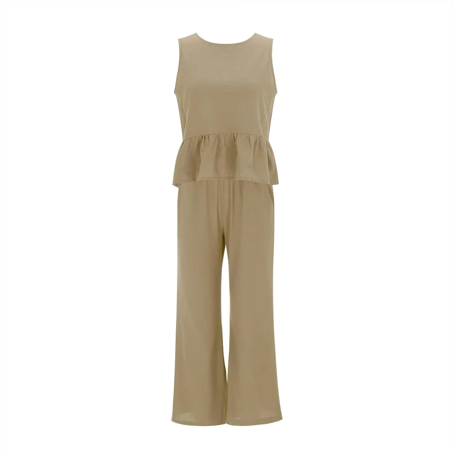Linen Two Piece Sets for Women Straight Wide Leg Pants Set Short Sleeve T-Shirt Casual Outfits Comfy Loungewear