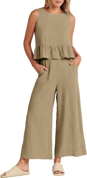 Linen Two Piece Sets for Women Straight Wide Leg Pants Set Short Sleeve T-Shirt Casual Outfits Comfy Loungewear
