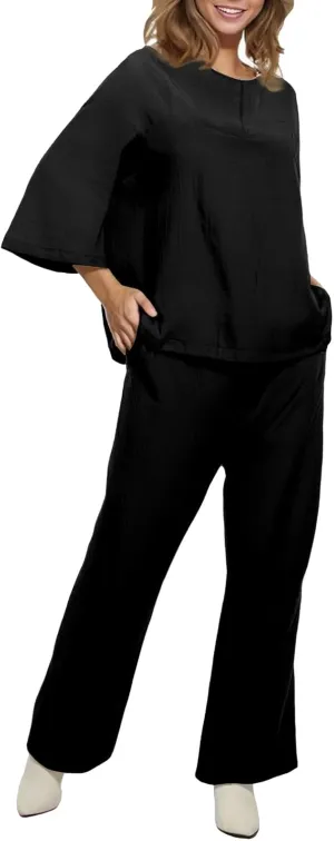 Linen Two Piece Sets for Women Summer Tracksuit Sets Short Sleeve Tops Long Pants Jogger Lounge Set with Pockets