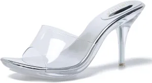 LIURUIJIA Clear Heels For Women Sexy Slip On Open Toe High Heeled Dressy Sandals Comfortable Strappy Mules