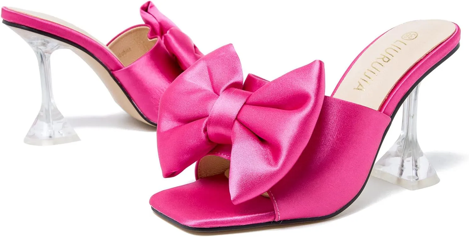 LIURUIJIA Women's Bow High Heels Mules Dress Sandals Slip On Party Prom Wedding Bridal Shoes