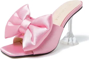 LIURUIJIA Women's Bow High Heels Mules Dress Sandals Slip On Party Prom Wedding Bridal Shoes