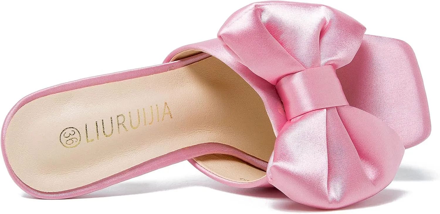LIURUIJIA Women's Bow High Heels Mules Dress Sandals Slip On Party Prom Wedding Bridal Shoes