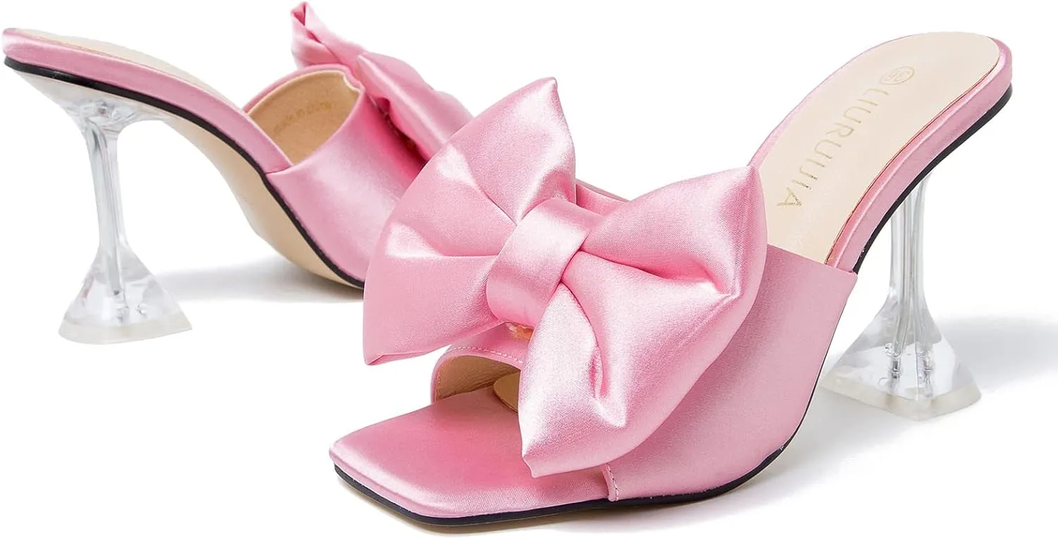 LIURUIJIA Women's Bow High Heels Mules Dress Sandals Slip On Party Prom Wedding Bridal Shoes
