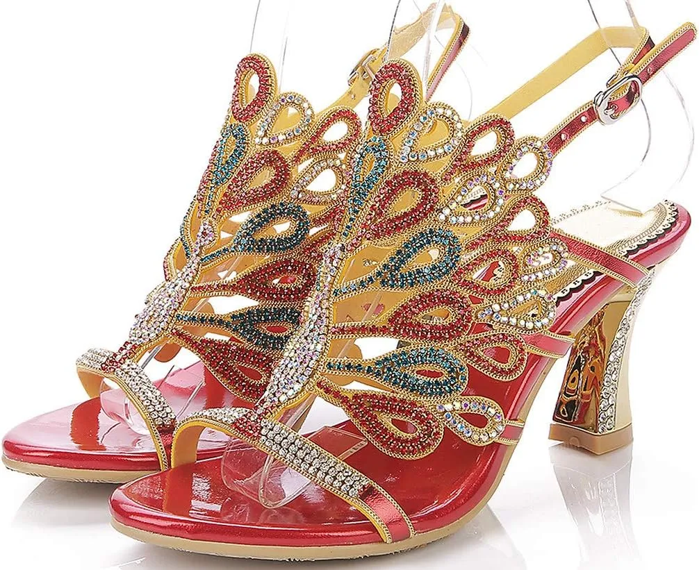 LizFoYa Women Rhinestone Peacock Wedding Sandals Chic Evening Dress Chunky High Heels