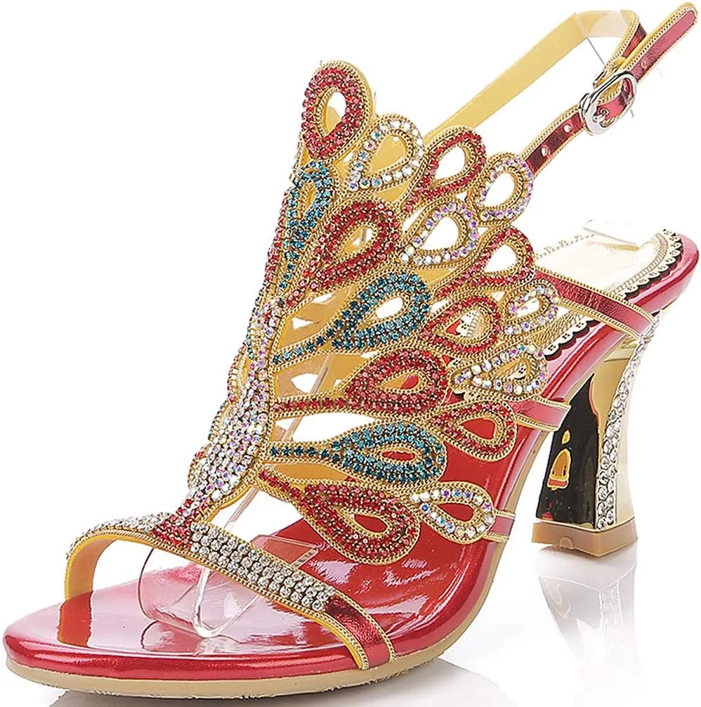 LizFoYa Women Rhinestone Peacock Wedding Sandals Chic Evening Dress Chunky High Heels